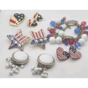 Vintage Patriotic Jewelry Lot USA Flag Stars Hearts Earrings Bracelet Pins